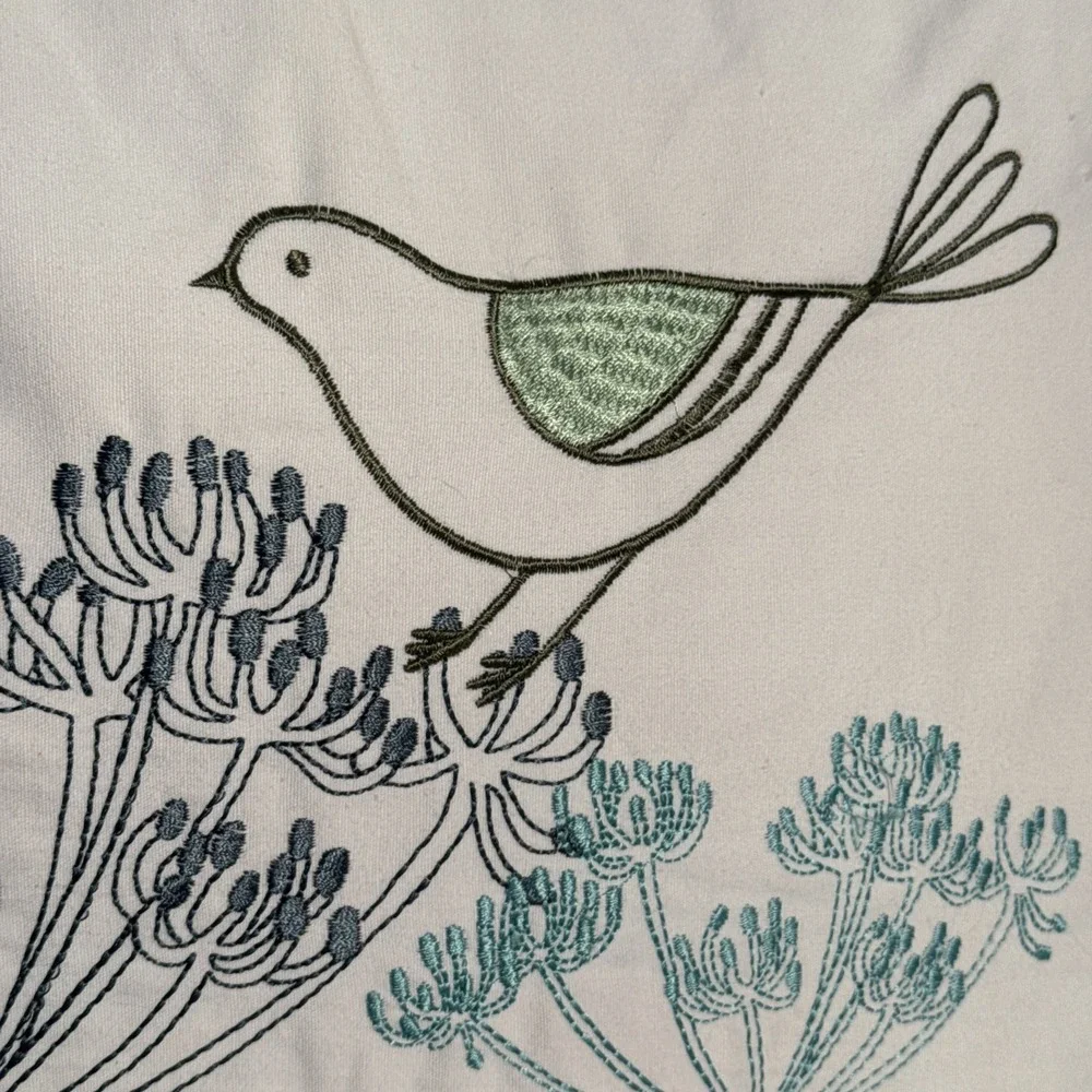 Embroidered  Bird On a Plant Throw Pillow Blue & Green With Tie Closure